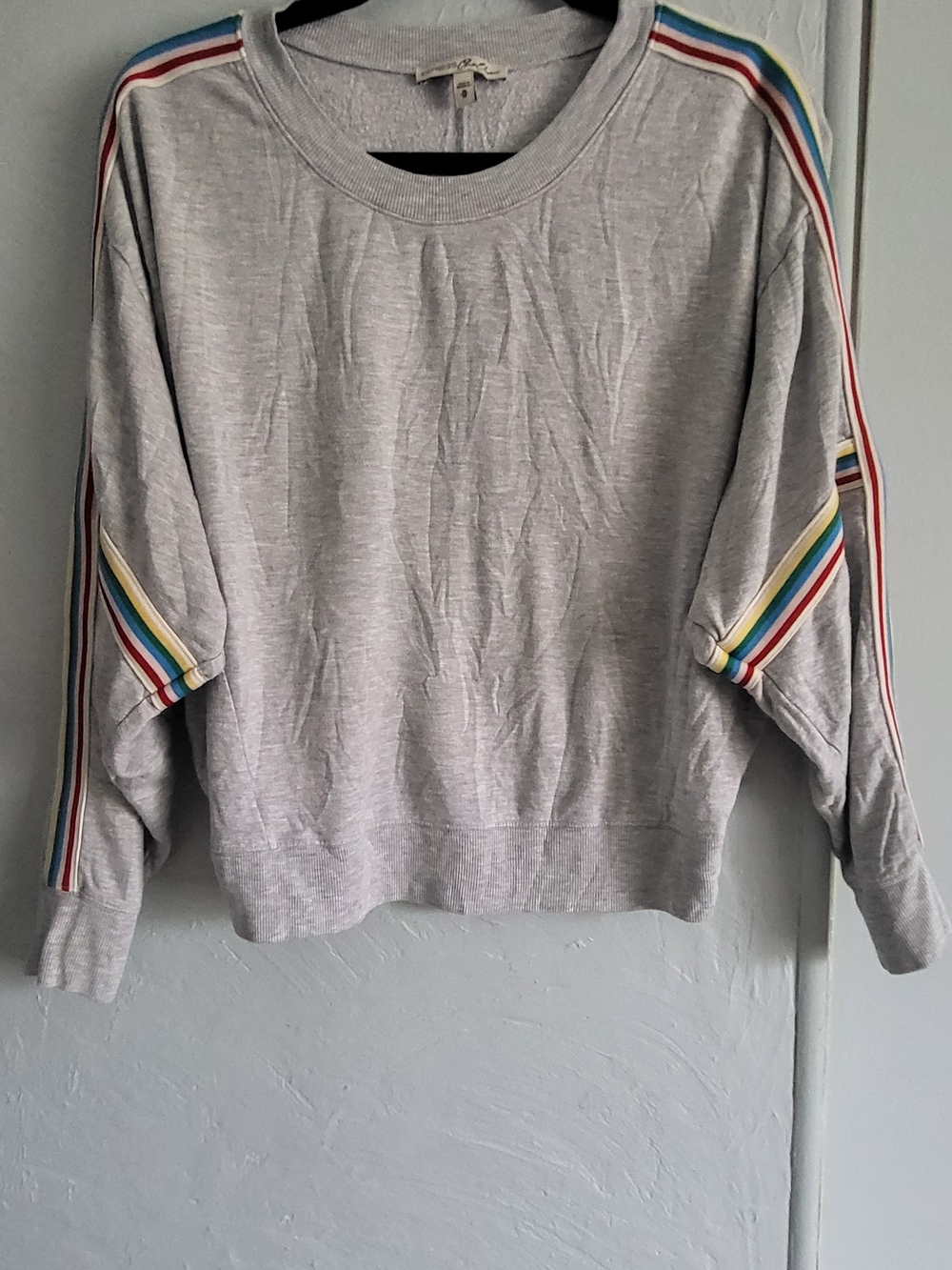Express Light Gray Crewneck Sweatshirt with Rainbow Shoulder Stripes